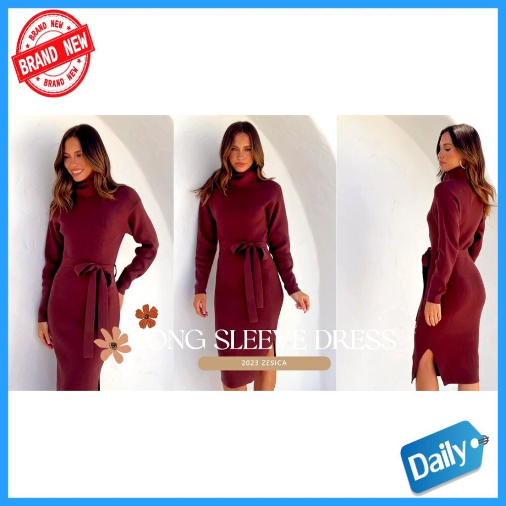 Long Sleeve Turtleneck Sweater Dress Midi Bodycon Ribbed Knit Belted - Picture 7 of 7
